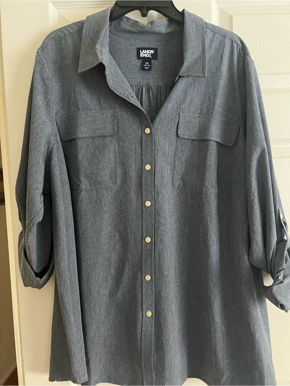 Lands' End Women’s Slate Blue Long-Sleeve Button-Front Shirt